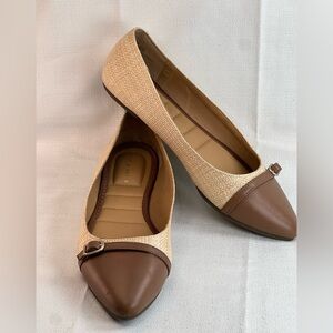 Kelly & Katie, tan woven with leather trim, all man-made materials